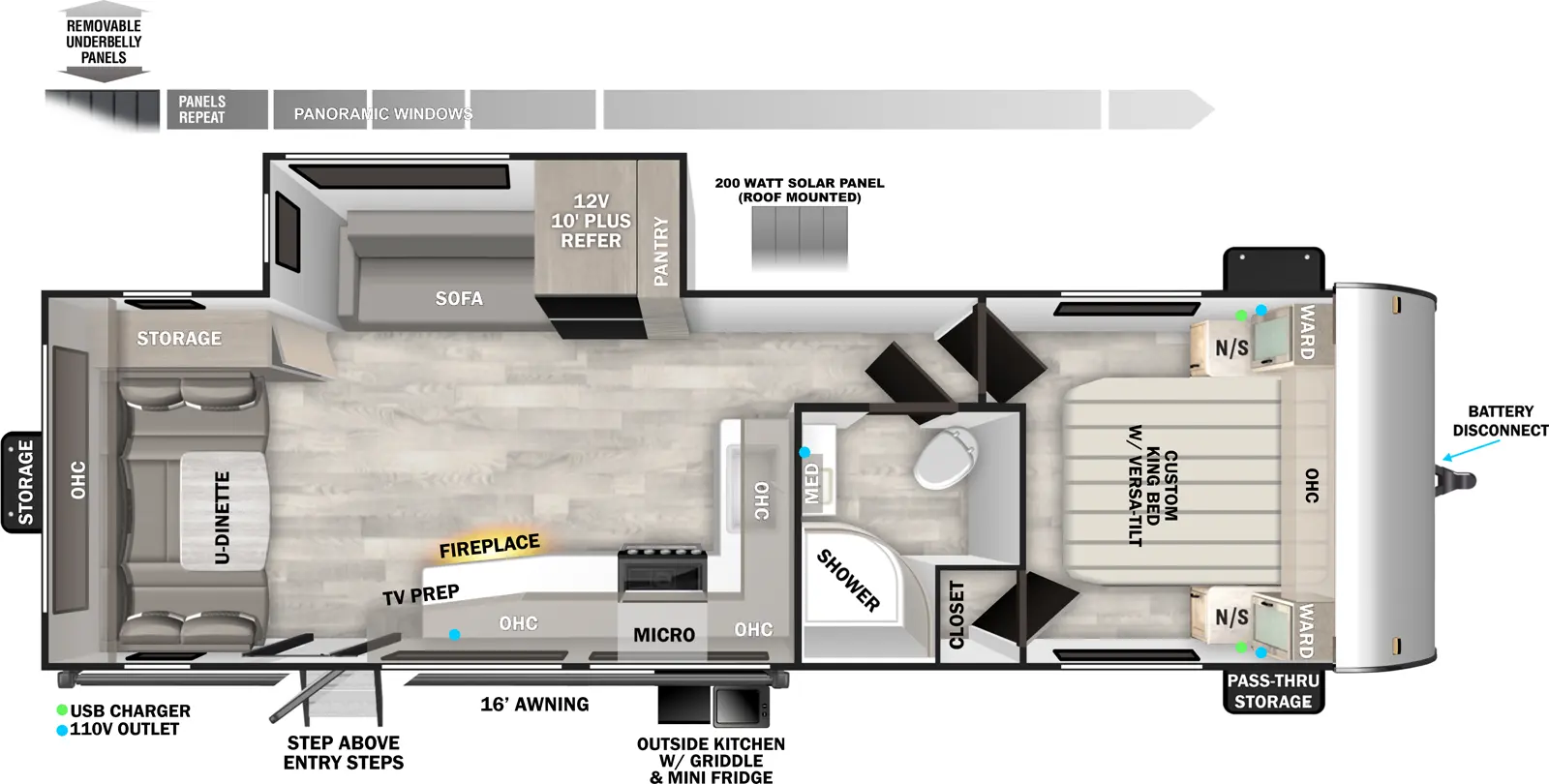 The T25RD has one slideout and one entry. Exterior features battery disconnect, pass-thru storage, outside kitchen with griddle and mini refrigerator, 16 foot awning, StepAbove entry steps, rear storage, removable underbelly panels, and 200 watt roof-mounted solar panels. Interior layout front to back: foot-facing queen bed with overhead cabinet, wardrobe with nightstands on each side, and door side closet; door side full bathroom with medicine cabinet; off-door side slideout with pantry, refrigerator, and sofa; kitchen counter with sink and overhead cabinet wraps from inner wall to door side with microwave, cooktop, fireplace, TV prep in overhead cabinet, and entry; rear u-dinette with overhead cabinet and off-door side storage.